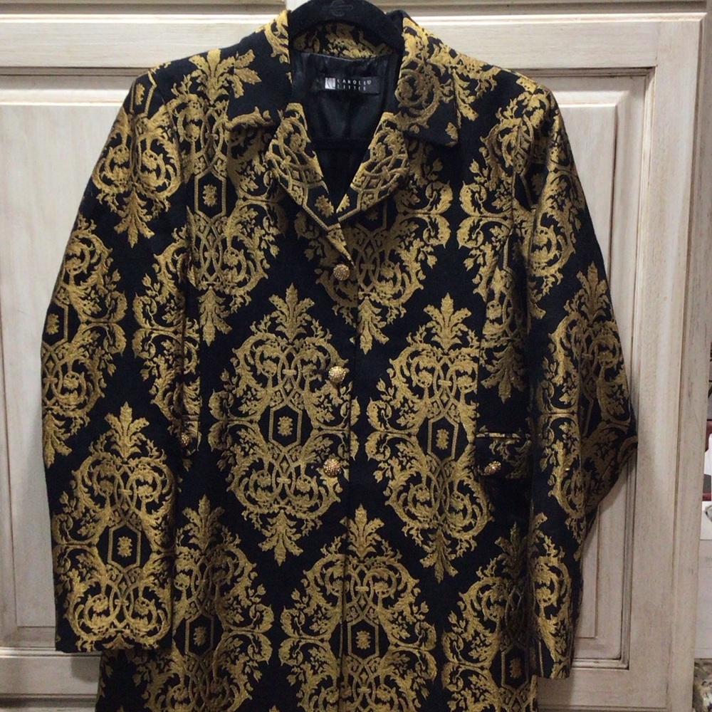 Carole Little Fancy Damask Black and Gold Patterned Trench Coat